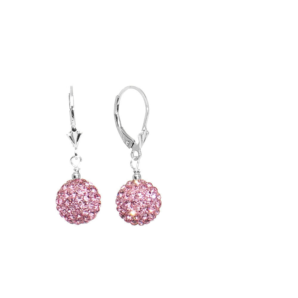 10mm Pink Crystal Ball Sterling Silver Leverback Earrings