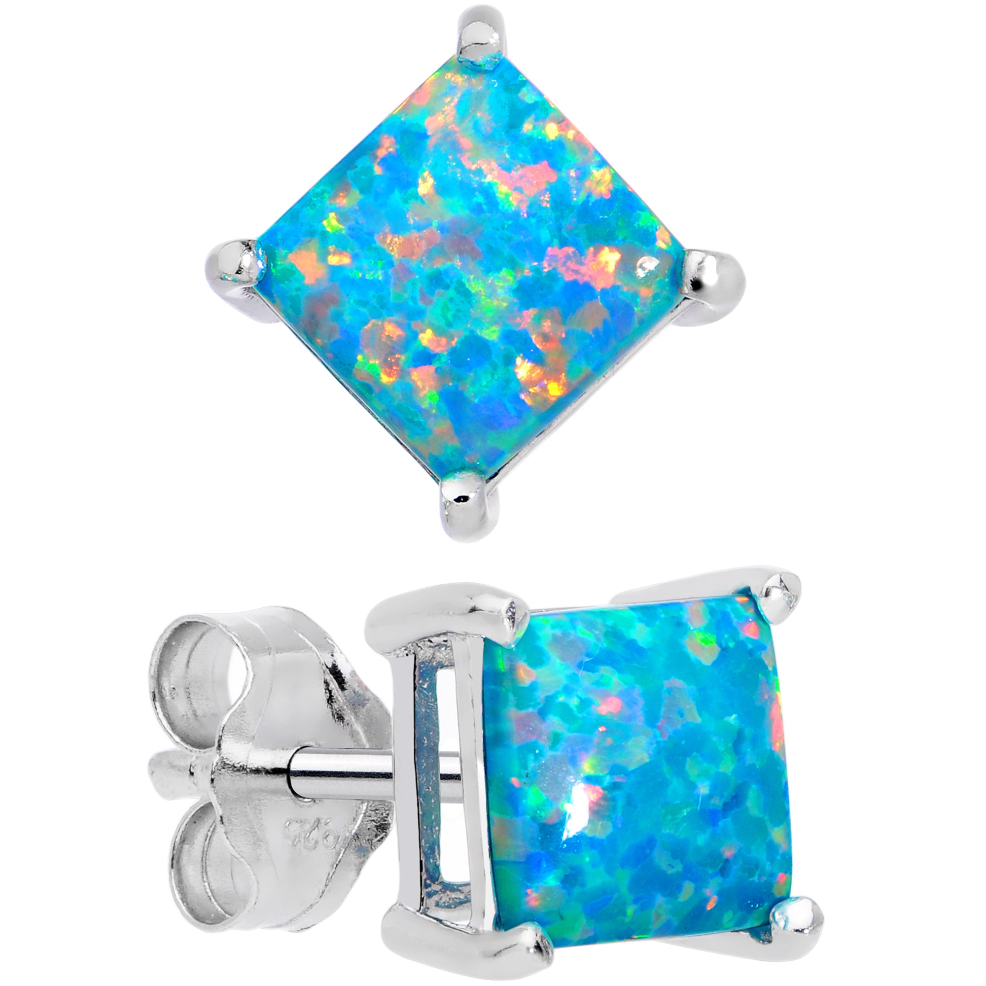 6mm Teal Square Sterling Silver Synthetic Opal Stud Earrings