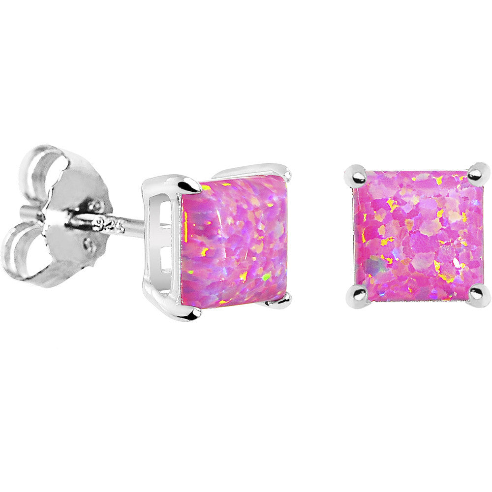 6mm Pink Square Sterling Silver Synthetic Opal Stud Earrings
