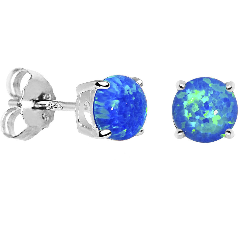 6mm Blue Round Sterling Silver Synthetic Opal Stud Earrings