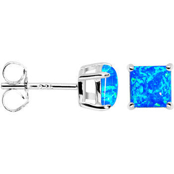 6mm Blue Square Sterling Silver Synthetic Opal Stud Earrings