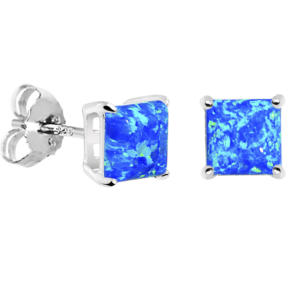 6mm Blue Square Sterling Silver Synthetic Opal Stud Earrings