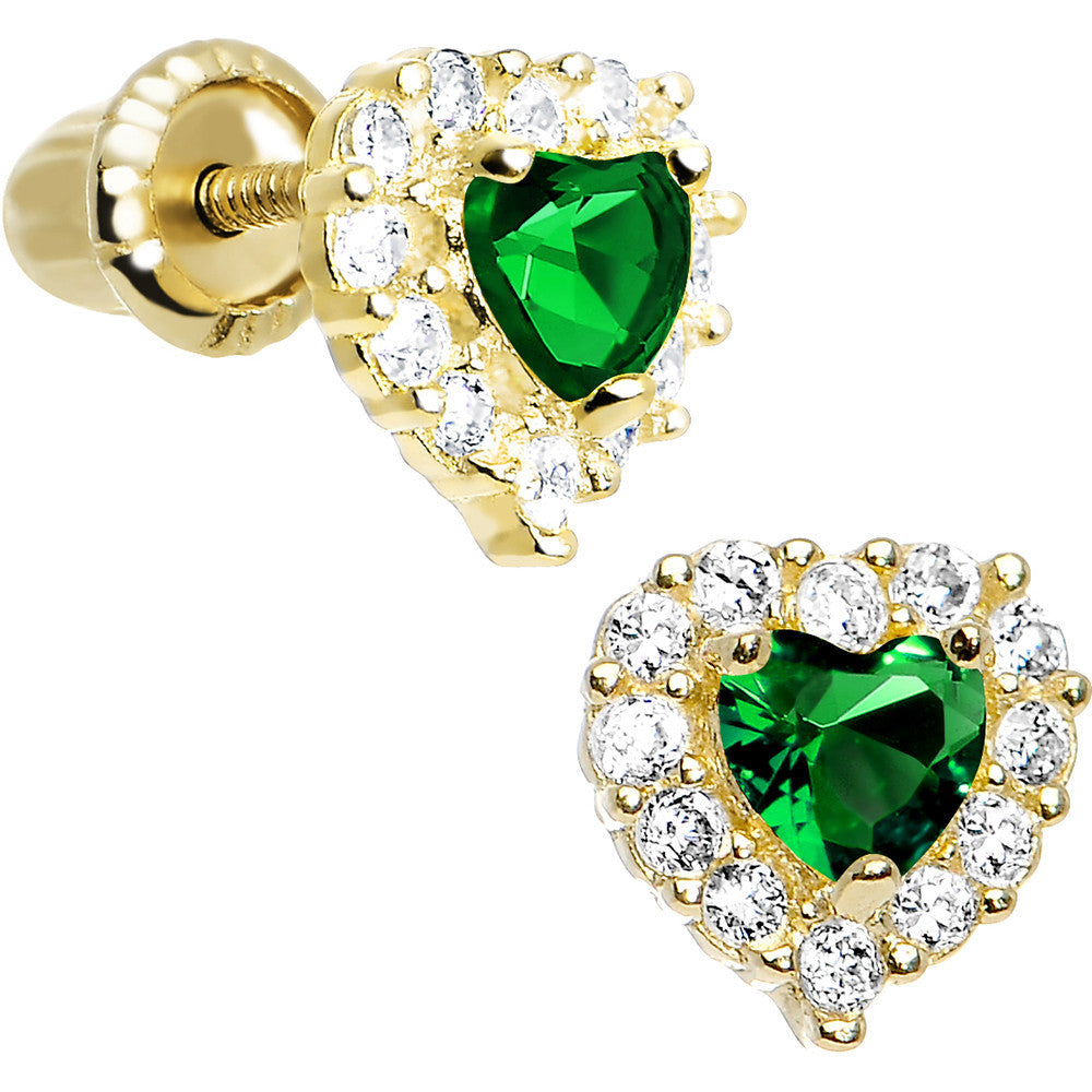 14k Yellow Gold Heart CZ May Birthstone Youth Screwback Earrings