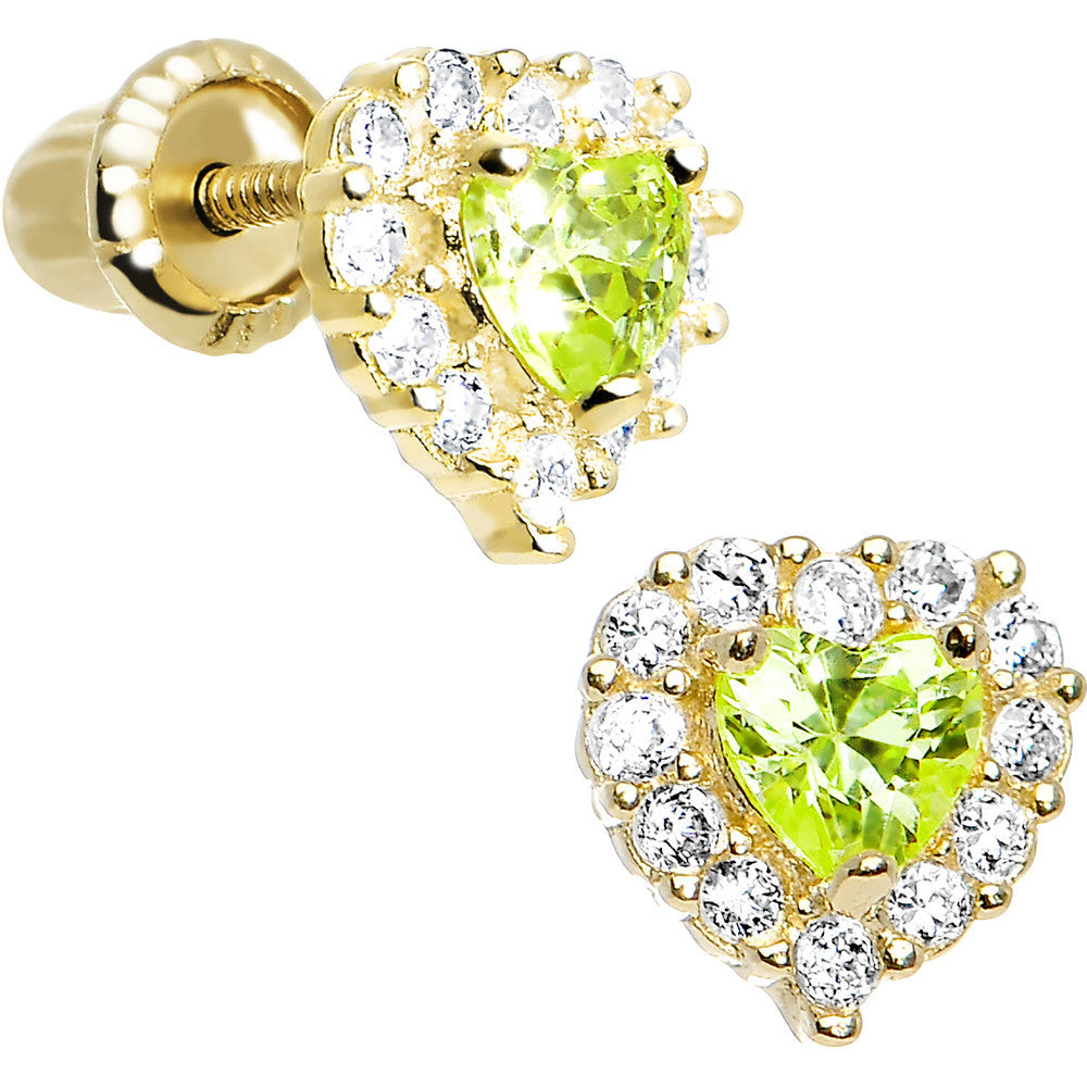 14kt Yellow Gold Heart CZ August Birthstone Youth Screwback Earrings