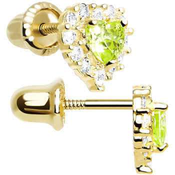 14kt Yellow Gold Heart CZ August Birthstone Youth Screwback Earrings
