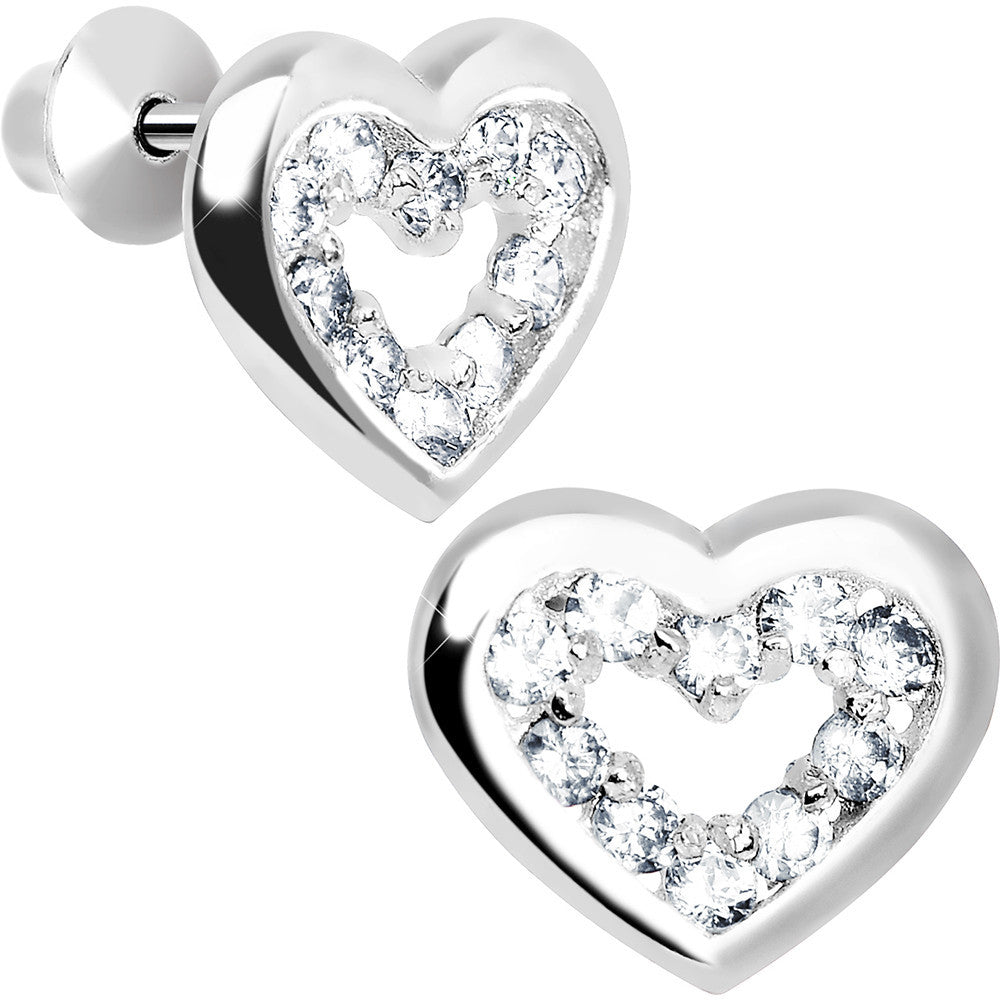 .925 Sterling Silver April CZ Open Heart Youth Screwback Earrings