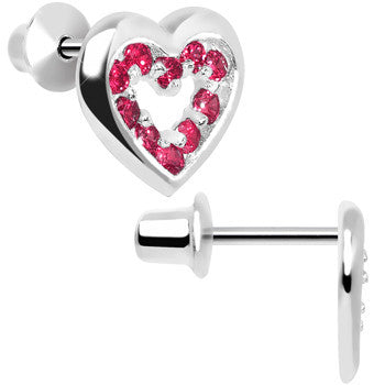 .925 Sterling Silver July CZ Open Heart Youth Screwback Earrings