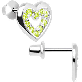 .925 Sterling Silver August CZ Open Heart Youth Screwback Earrings