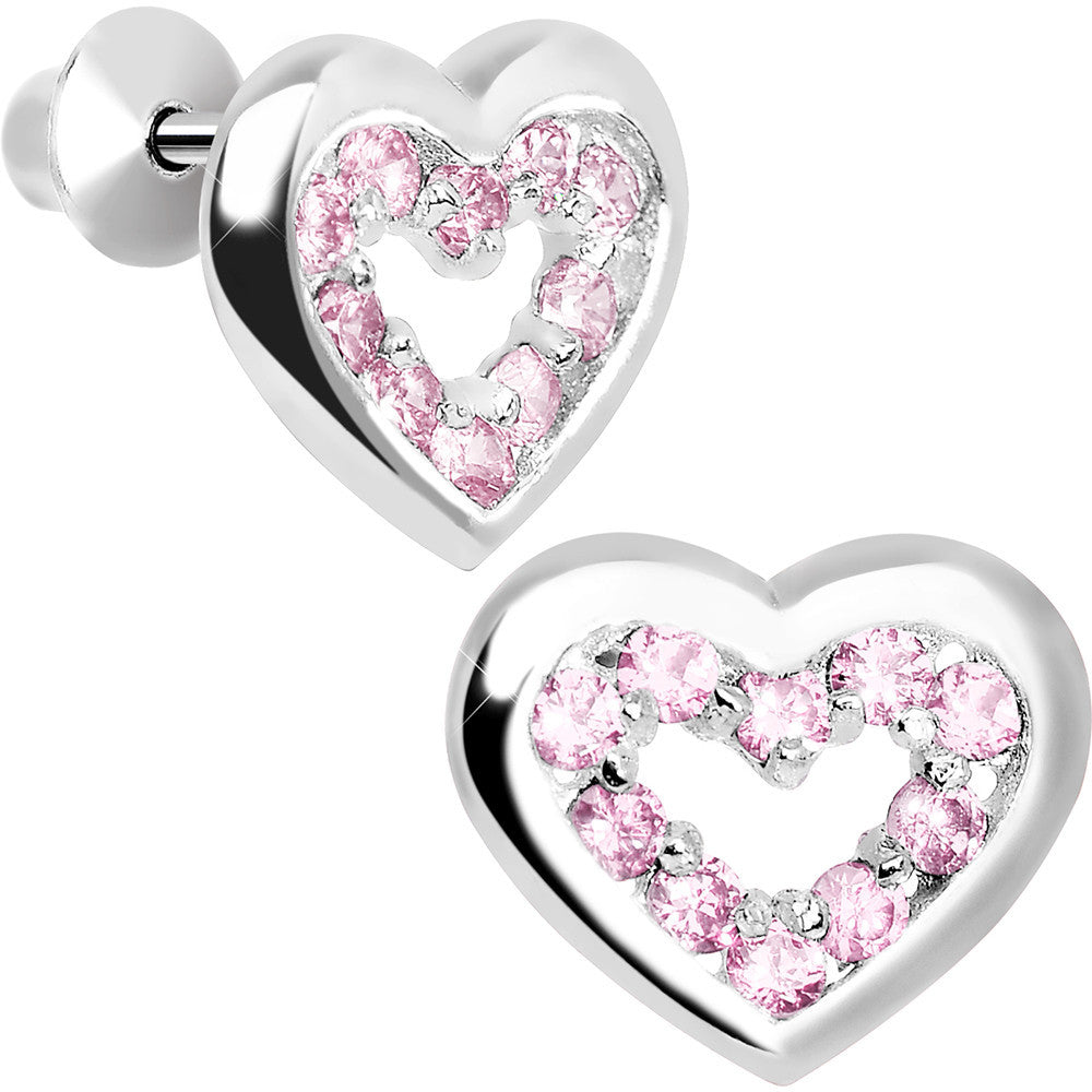 .925 Sterling Silver October CZ Open Heart Youth Screwback Earrings
