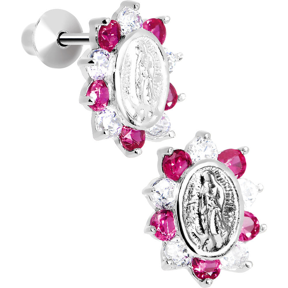 Sterling Silver Pink CZ Lady of Guadalupe Youth Screwback Earrings
