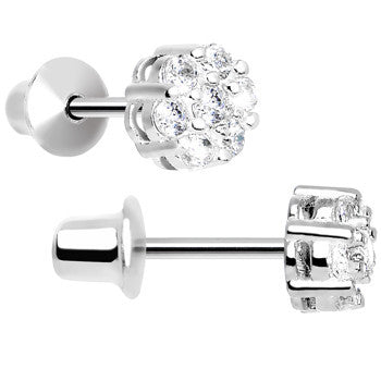 .925 Sterling Silver Clear CZ Small Flower Youth Screwback Earrings