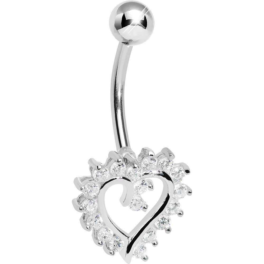 925 Sterling Silver Cubic Zirconia Paved Hollow Heart Belly Ring