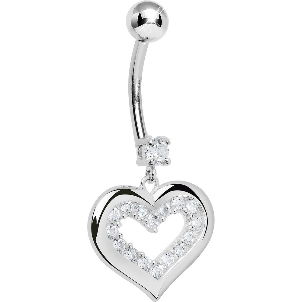 925 Sterling Silver Cubic Zirconia Encased Heart Dangle Belly Ring