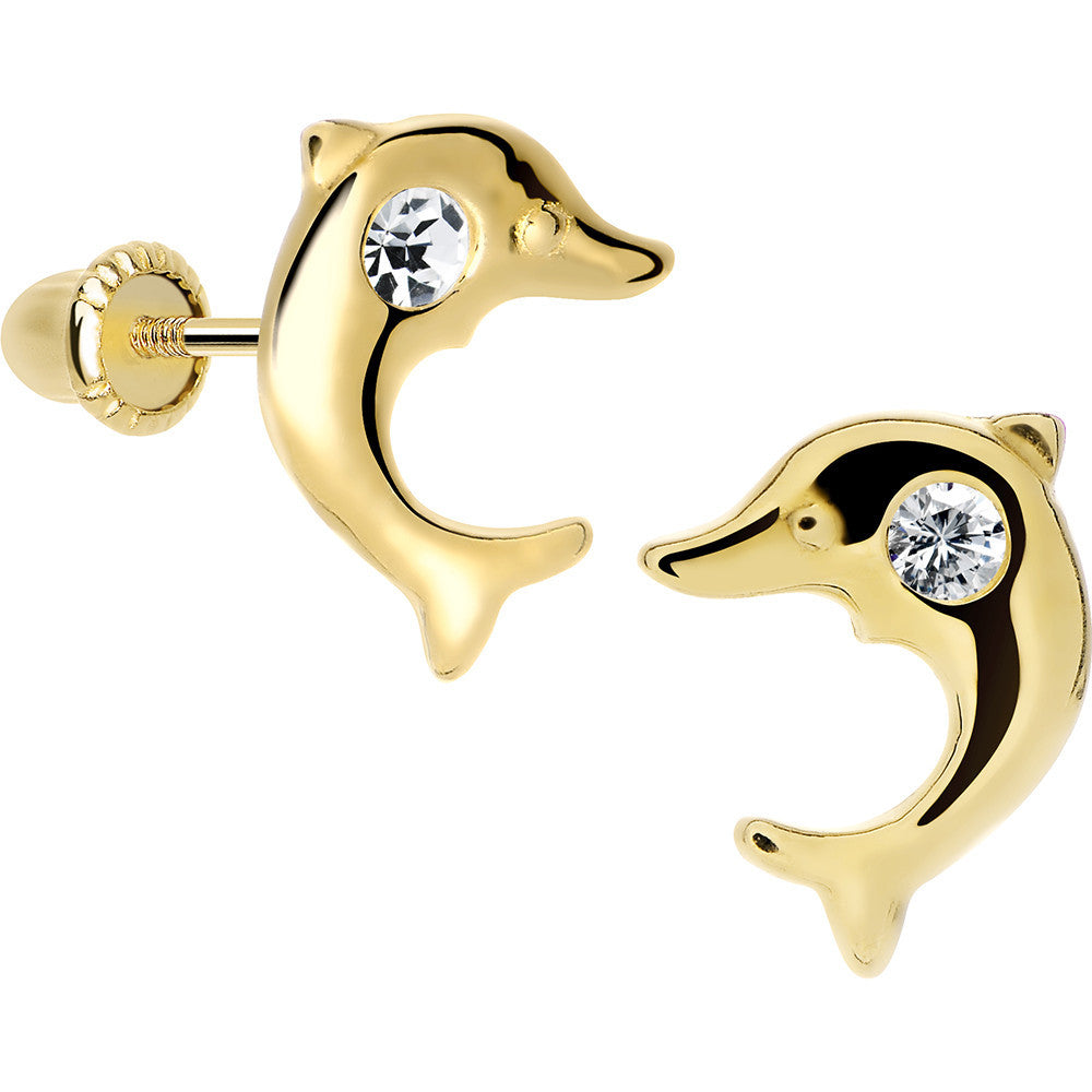 14KT Yellow Gold Baby Dolphin CZ Youth Screwback Earrings
