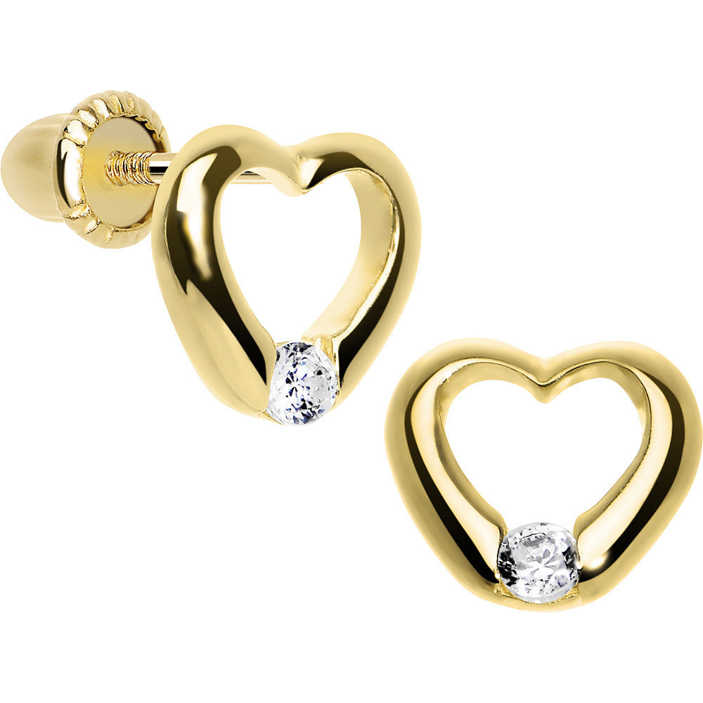 14KT Yellow Gold Hollow Heart CZ Youth Screwback Earrings