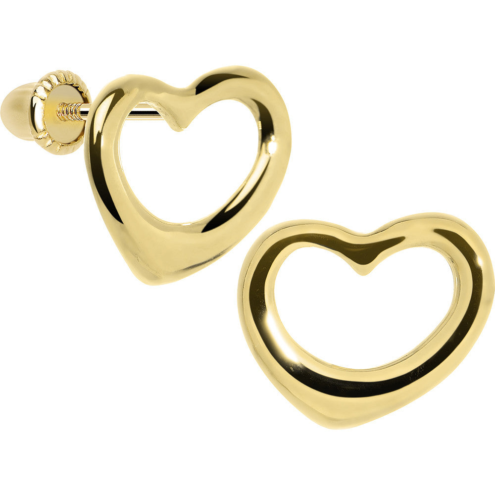 14K Yellow Gold Hollow Heart Melt Youth Screwback Earrings