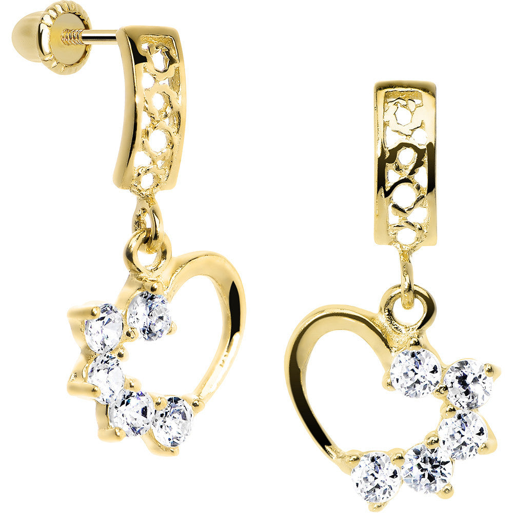 14K Yellow Gold Hollow Heart CZ Dangle Youth Screwback Earrings