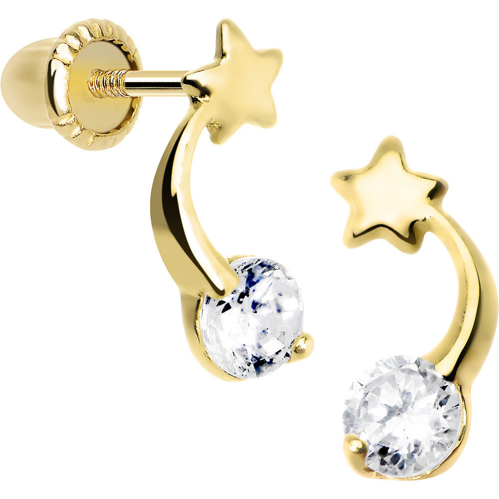 14KT Yellow Gold CZ Shooting Star Youth Screwback Earrings
