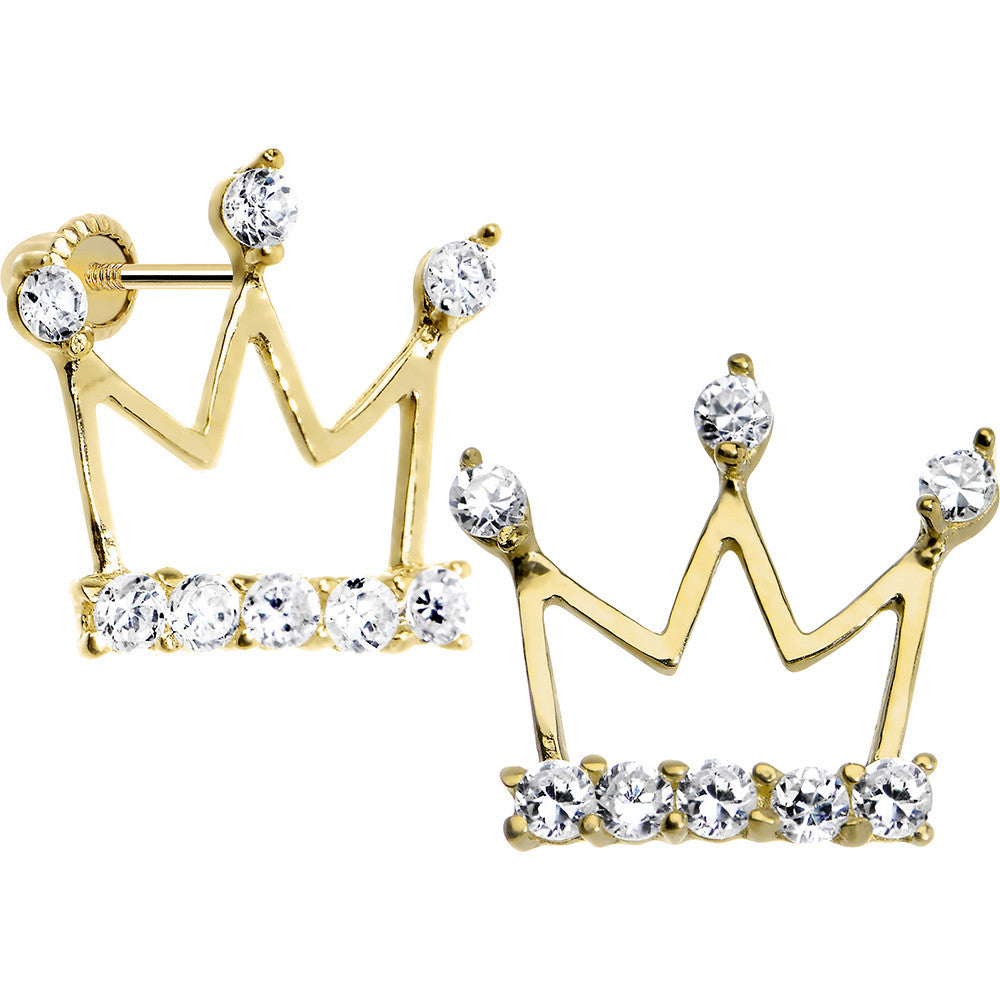 14KT Yellow Gold Clear CZ King's Crown Youth Screwback Earrings