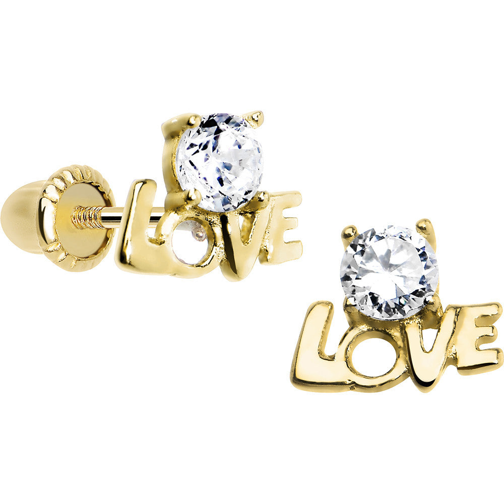14K Yellow Gold CZ Lil Bit of Love Youth Screwback Earrings