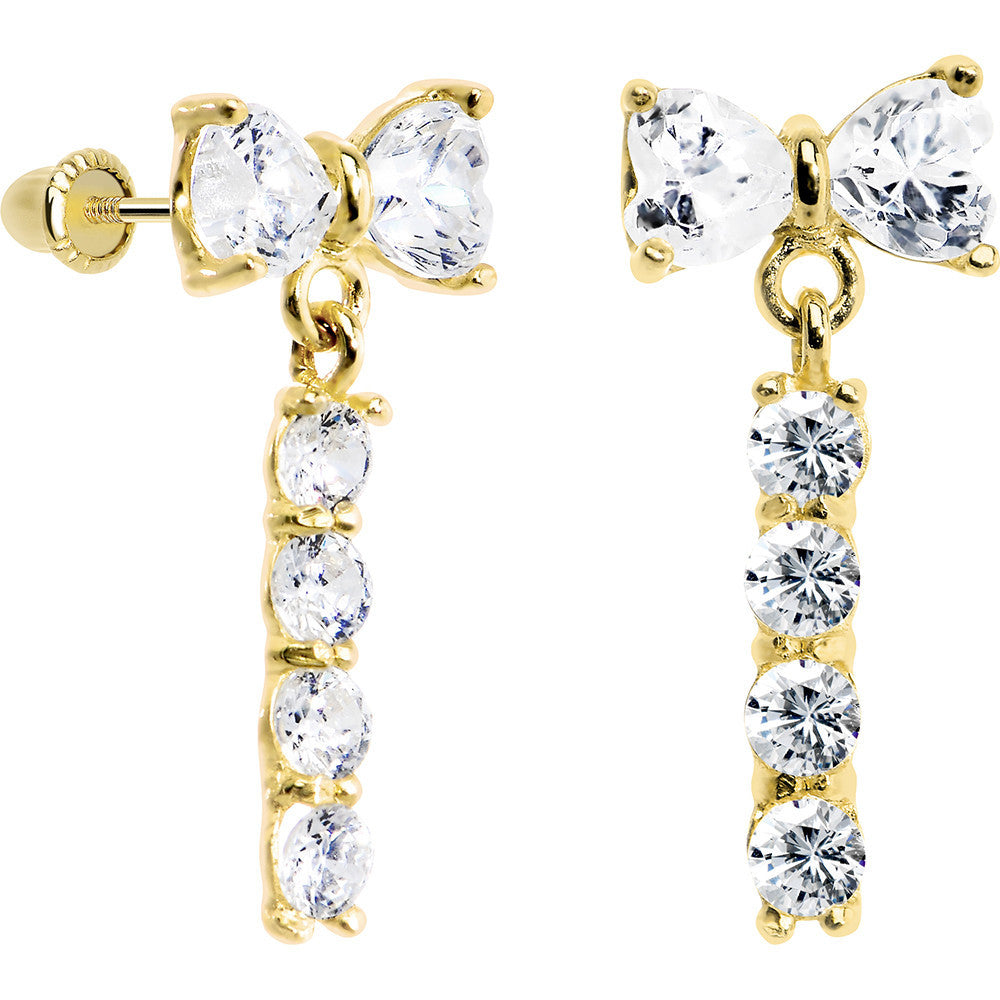 14KT Yellow Gold Clear CZ Bow Drop Dangle Youth Screwback Earrings