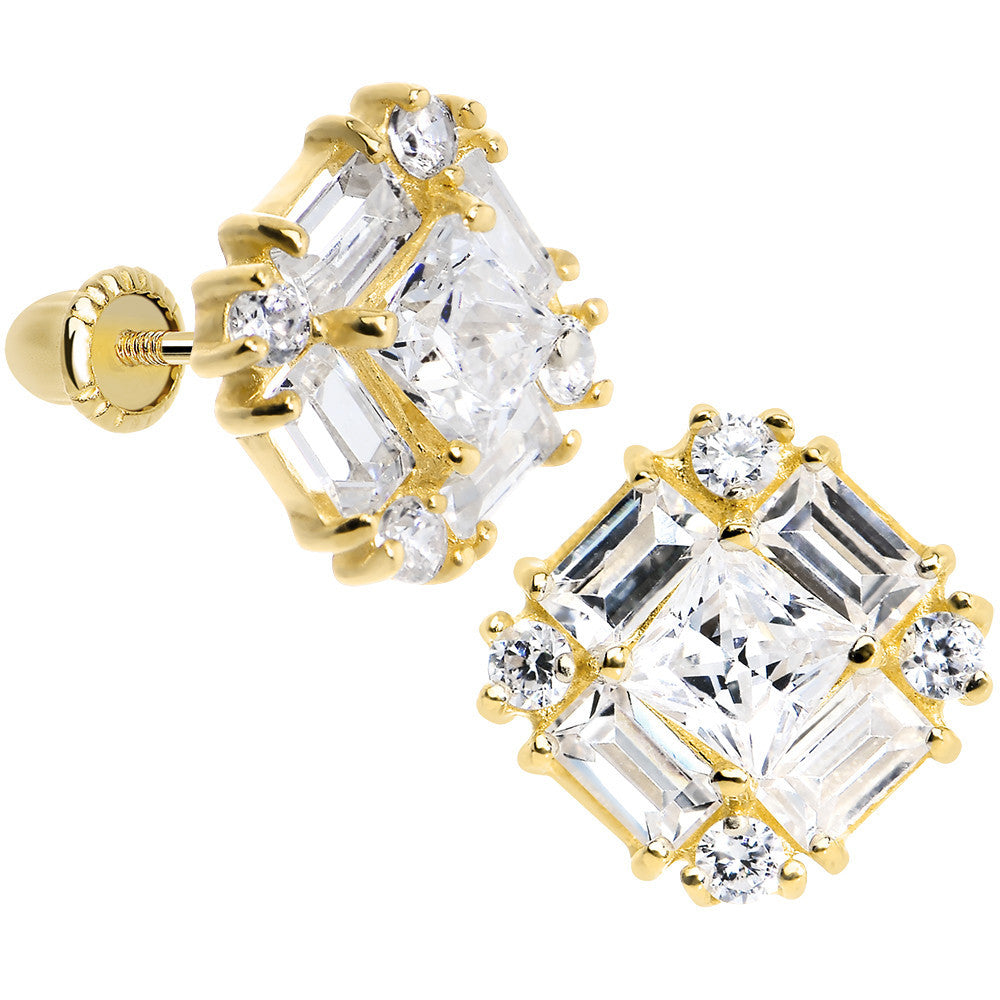14K Yellow Gold Elegant CZ Square Youth Screwback Earrings