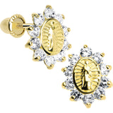 14KT Yellow Gold Clear CZ Lady of Guadalupe Youth Screwback Earrings