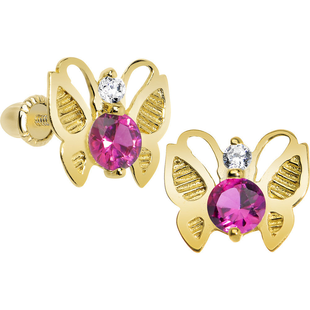 14KT Yellow Gold Butterfly Pink CZ Youth Screwback Earrings