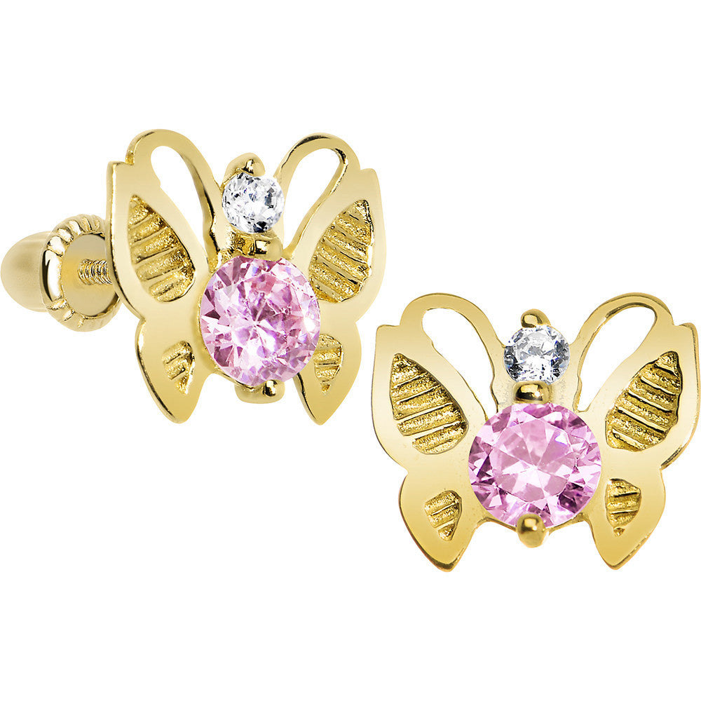 14KT Yellow Gold Butterfly Light Pink CZ Youth Screwback Earrings