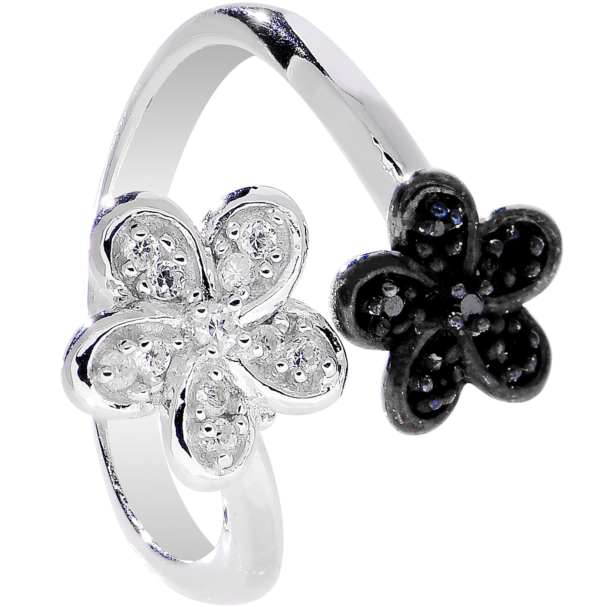 925 Sterling Silver Clear Black CZ Twin Flower Toe Ring