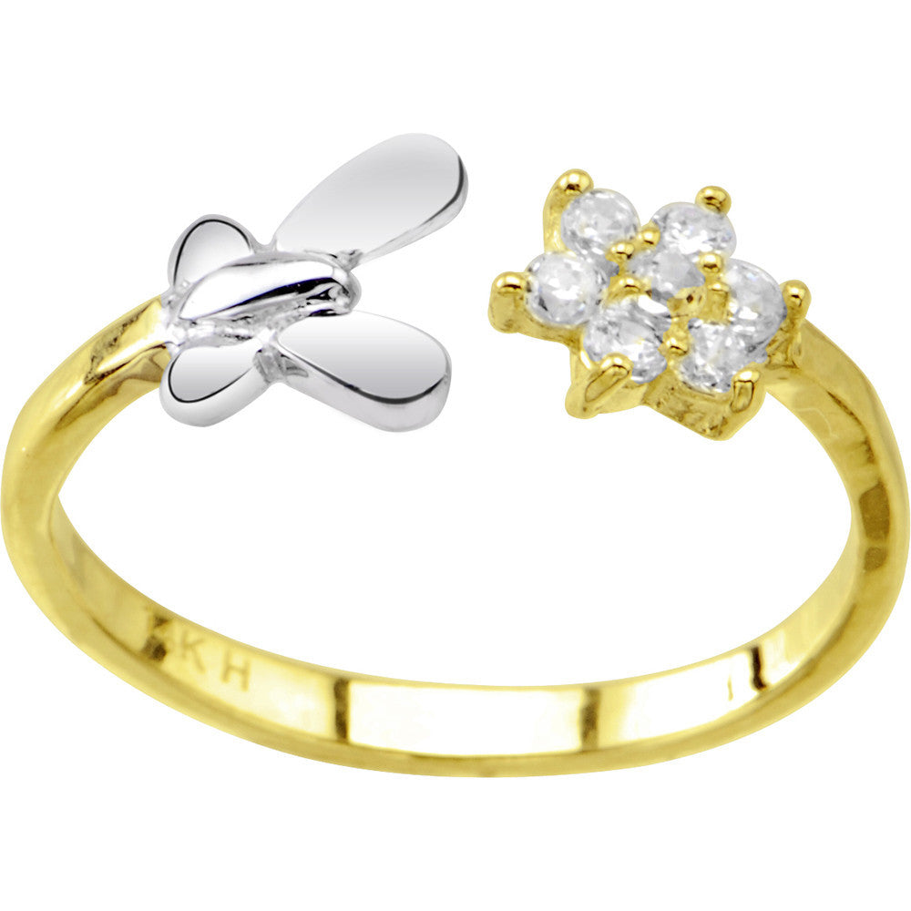 Solid 14k Yellow White Gold Butterfly Flower Toe Ring