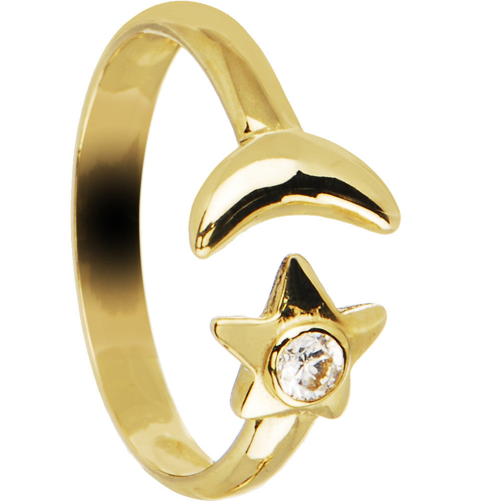 Solid 14kt Yellow Gold Star and Moon Cubic Zirconia Toe Ring