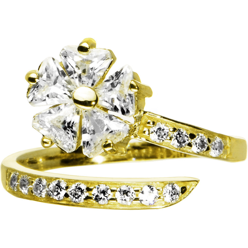 Solid 14k Yellow Gold Cubic Zirconia Floral Flower Toe Ring
