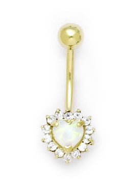 Solid 14kt Yellow Gold Zirconia Opal Heart Belly Ring