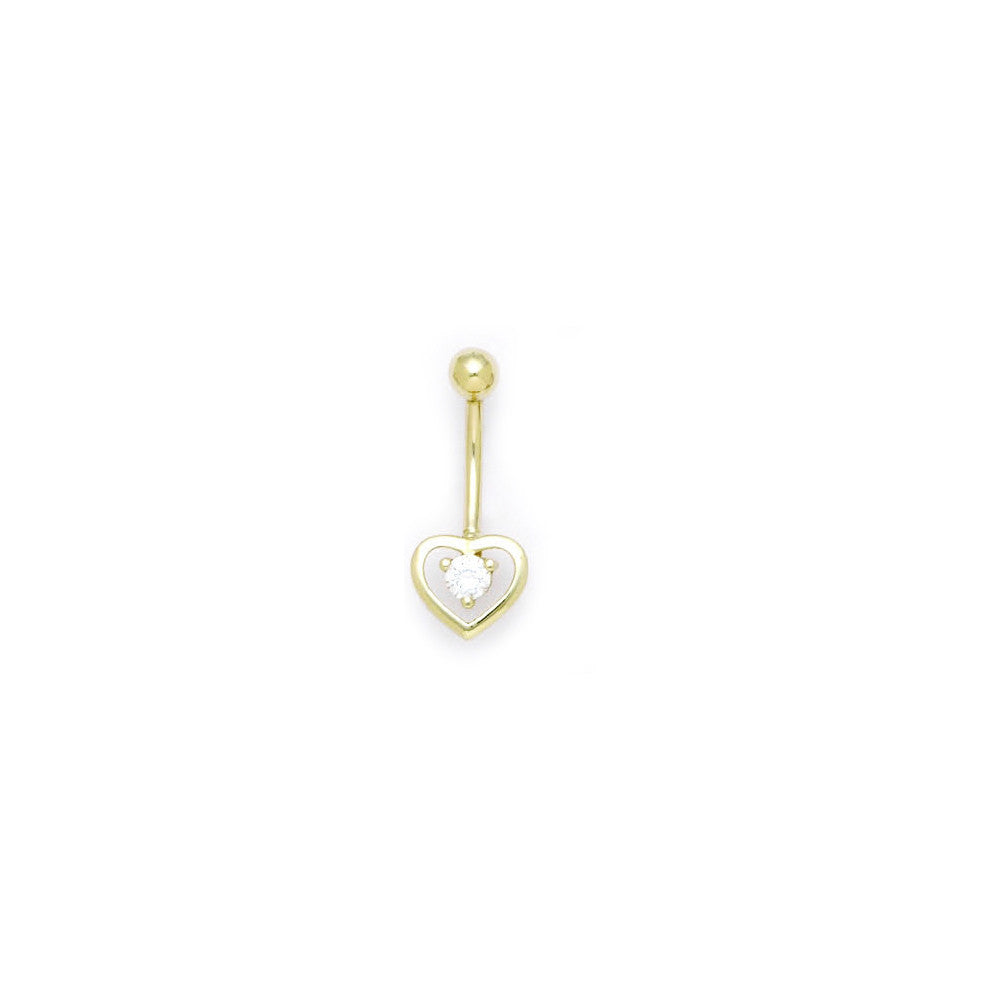 Solid 14kt Yellow Gold Zirconia Hollow Heart Belly Ring