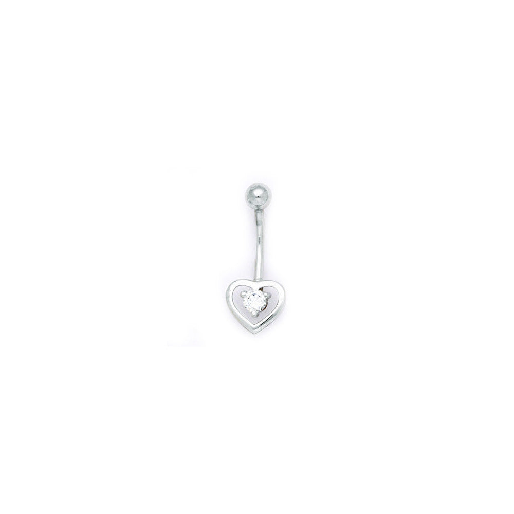 Solid 14kt White Gold Zirconia Hollow Heart Belly Ring