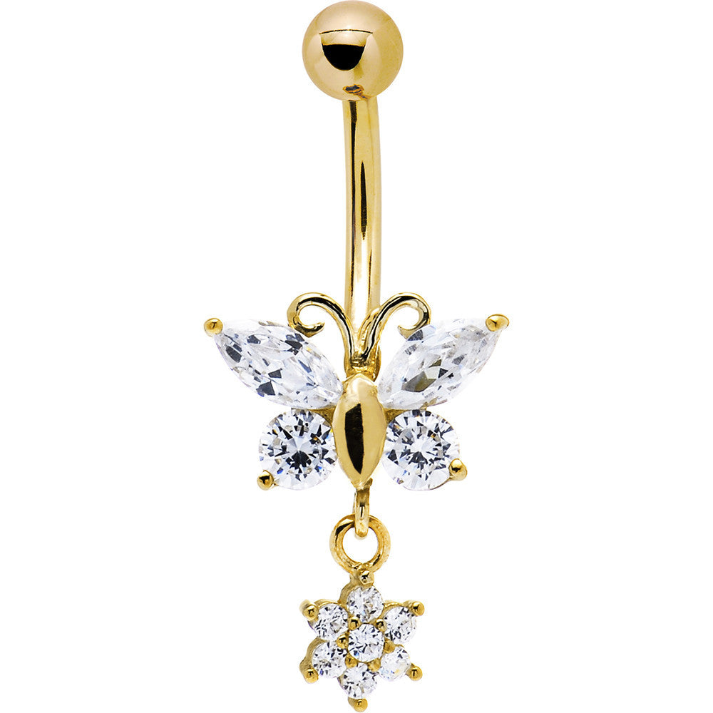 Solid 14kt Yellow Gold CZ Flower Butterfly Belly Ring
