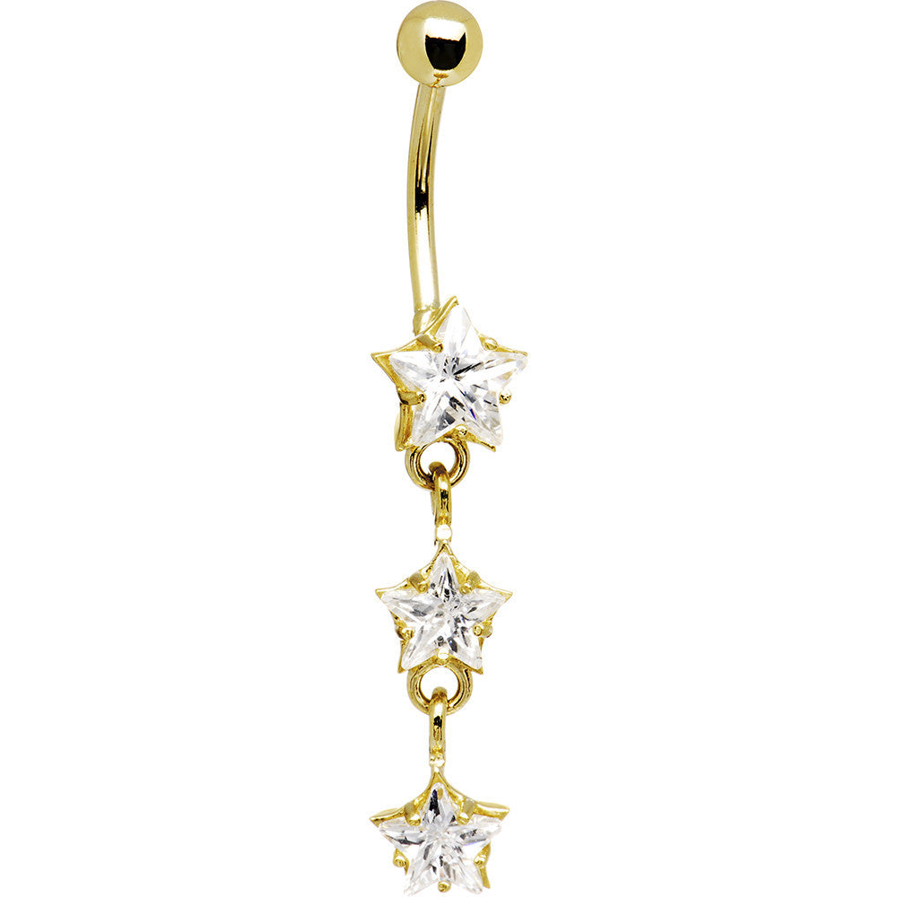 Solid 14kt Yellow Gold Zirconia Trio Star Belly Ring