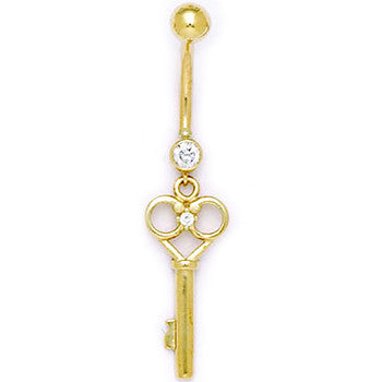 Solid 14KT Yellow Gold Cubic Zirconia SKELETON KEY Belly Ring