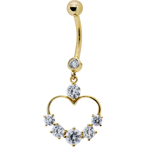 Solid 14kt Yellow Gold Cubic Zirconia Classy Heart Belly Ring