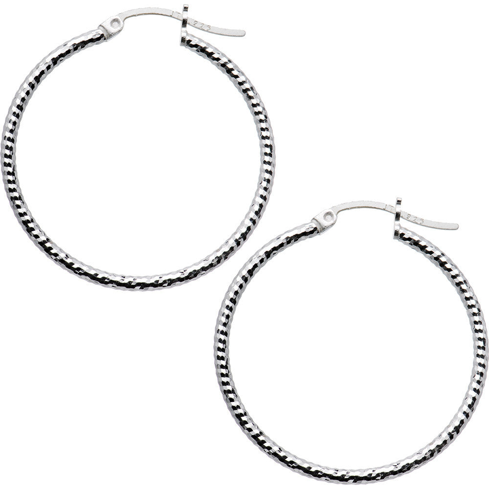 925 Sterling Silver 1 1/4 Inch Diamond Cut Hoop Earrings