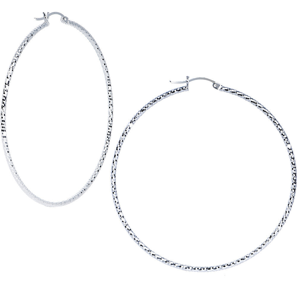 925 Sterling Silver 2 1/2 Inch Diamond Cut Hoop Earrings