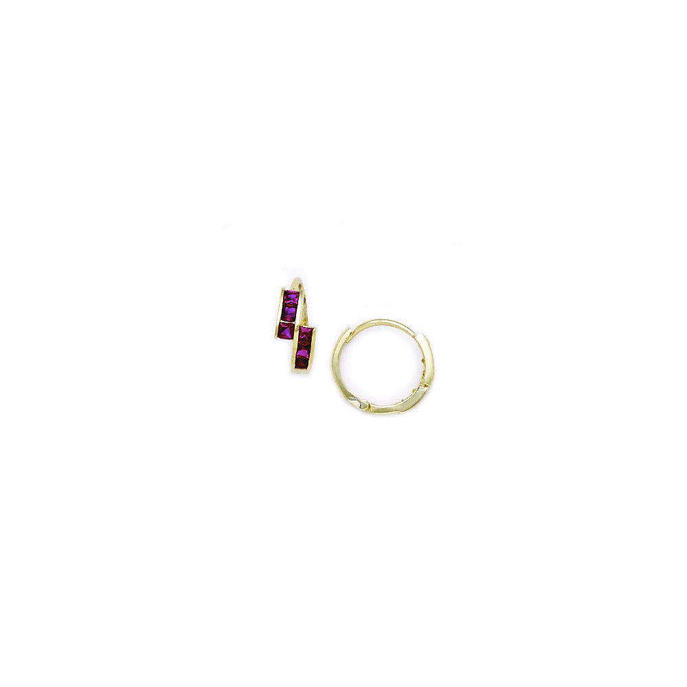 14kt Yellow Gold Ruby Red CZ Square Huggy Earrings