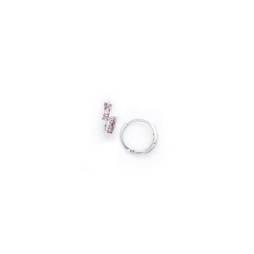 14kt White Gold Pink CZ Square Huggy Earrings