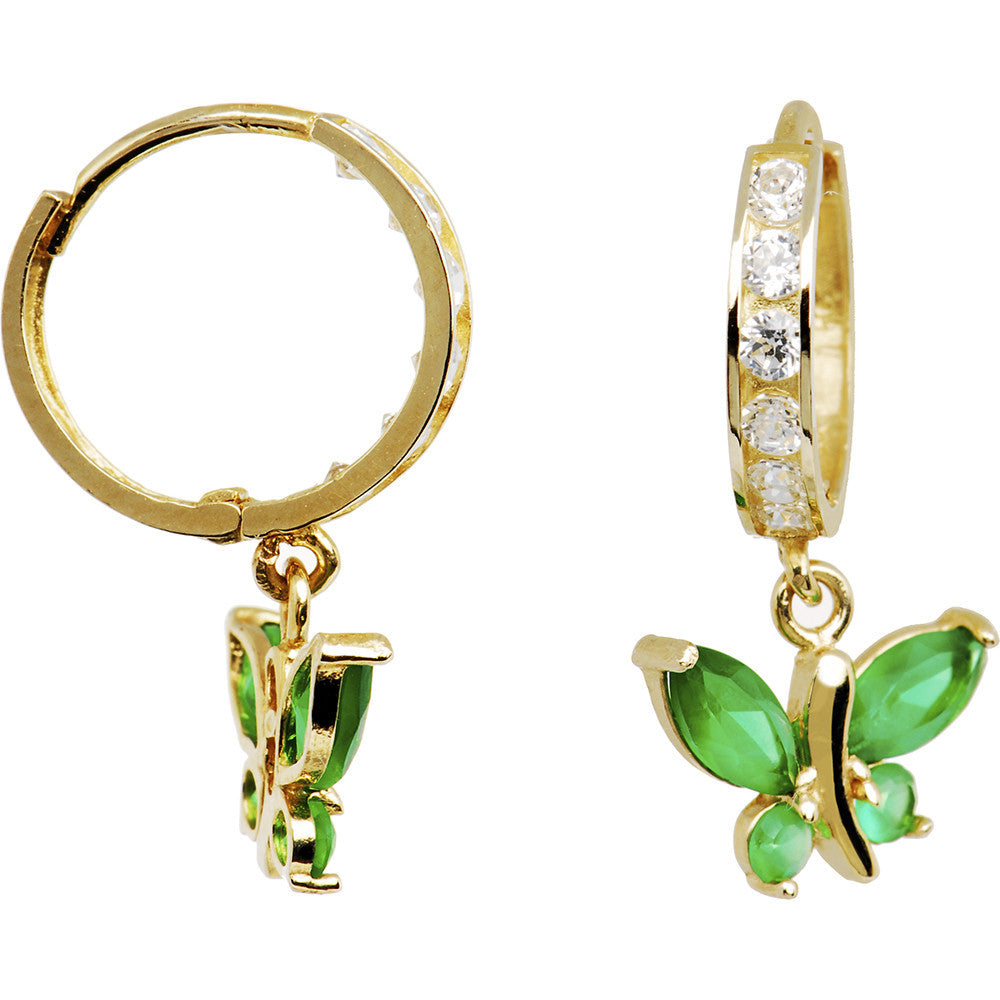14kt Yellow Gold Emerald CZ Butterfly Huggy Earrings