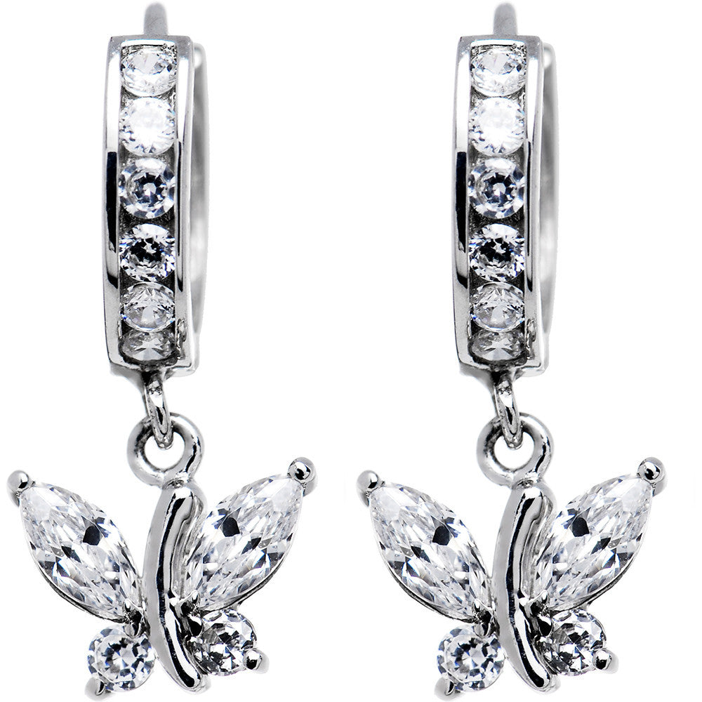 14k White Gold Clear CZ Butterfly Huggy Earrings