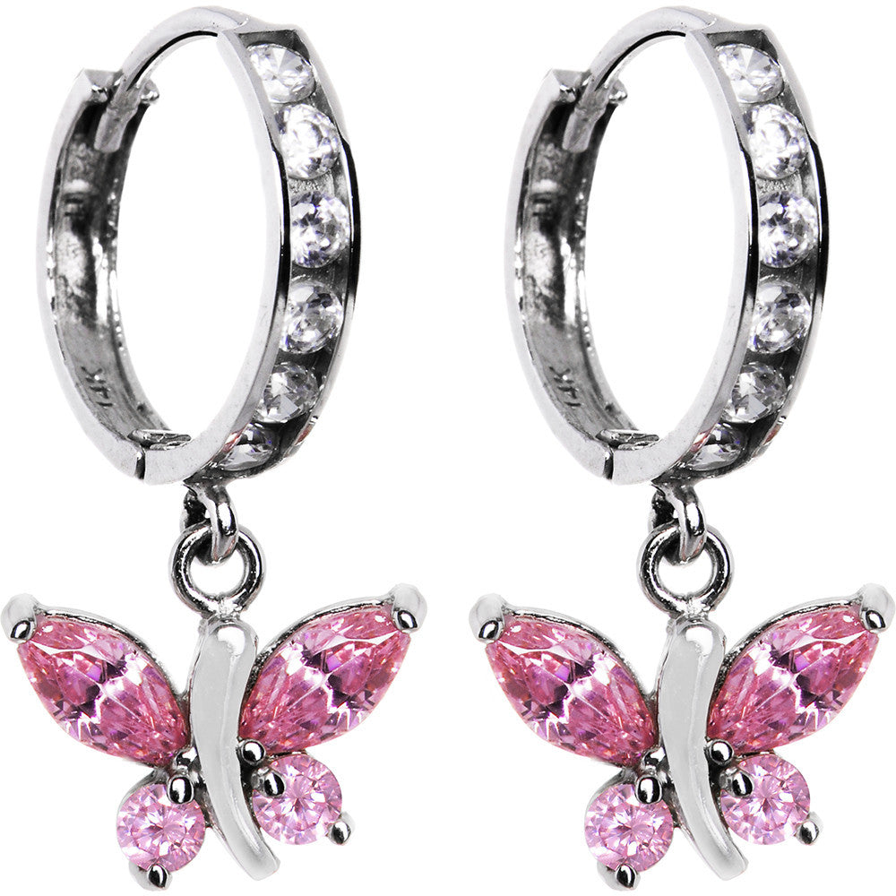 14kt White Gold Light Pink CZ Butterfly Huggy Earrings