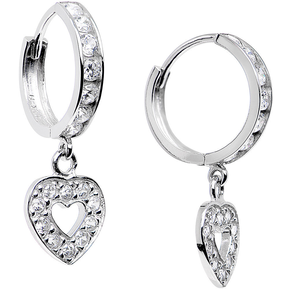 14k White Gold CZ Sweetheart Huggy Earrings