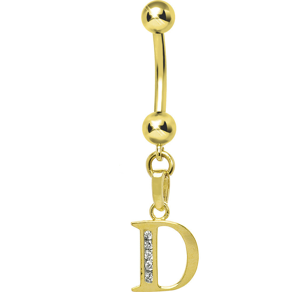 16G Solid 14k Yellow Gold CZ Initial D Belly Ring