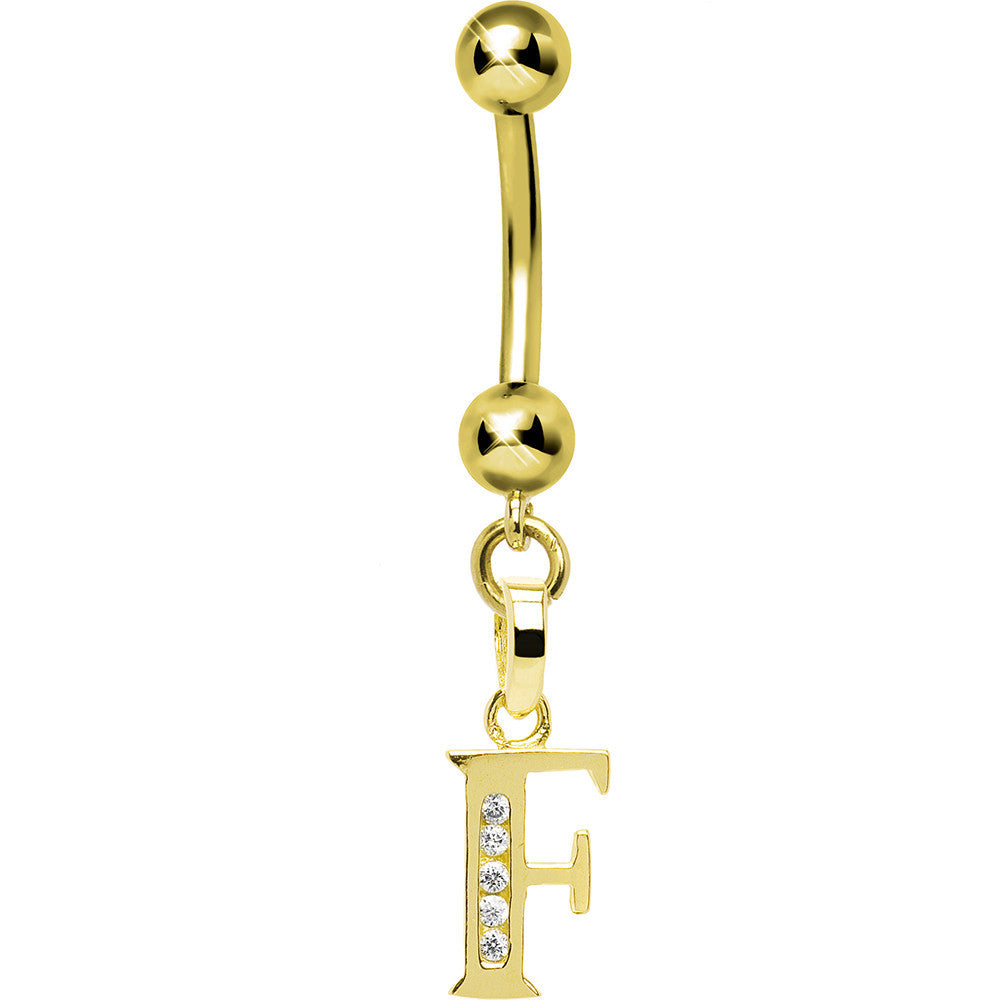 Solid 14kt Yellow Gold CZ Initial F Belly Ring